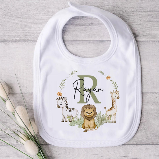 Personalised Baby Bib with Name – Safari Animal Bib for Newborn, Baby Shower & Birthday Gift